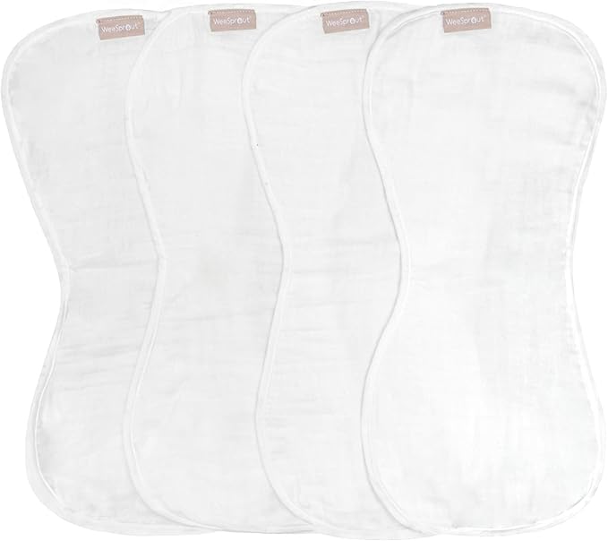 WeeSprout Unisex Organic Towel Cotton Burp Cloths, Set of 4, Four Ultra-Absorbent Layers Keep Clothes Dry, Button Transforms into Baby Bib, Machine Washable & Dryer Safe (White Set, Full)