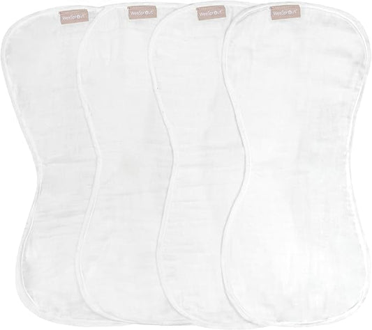 WeeSprout Unisex Organic Towel Cotton Burp Cloths, Set of 4, Four Ultra-Absorbent Layers Keep Clothes Dry, Button Transforms into Baby Bib, Machine Washable & Dryer Safe (White Set, Full)