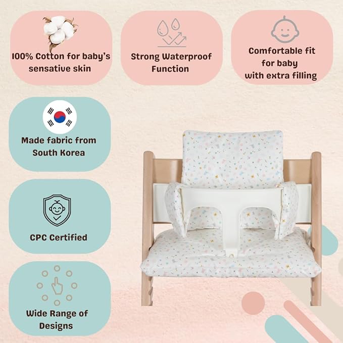 Waterproof Compatible Stokke Tripp Trapp Cushion Set - Easy to Clean Newborn Set - 100% Cotton High Chair Cushion (Little Birdie / 49.5 Counts)