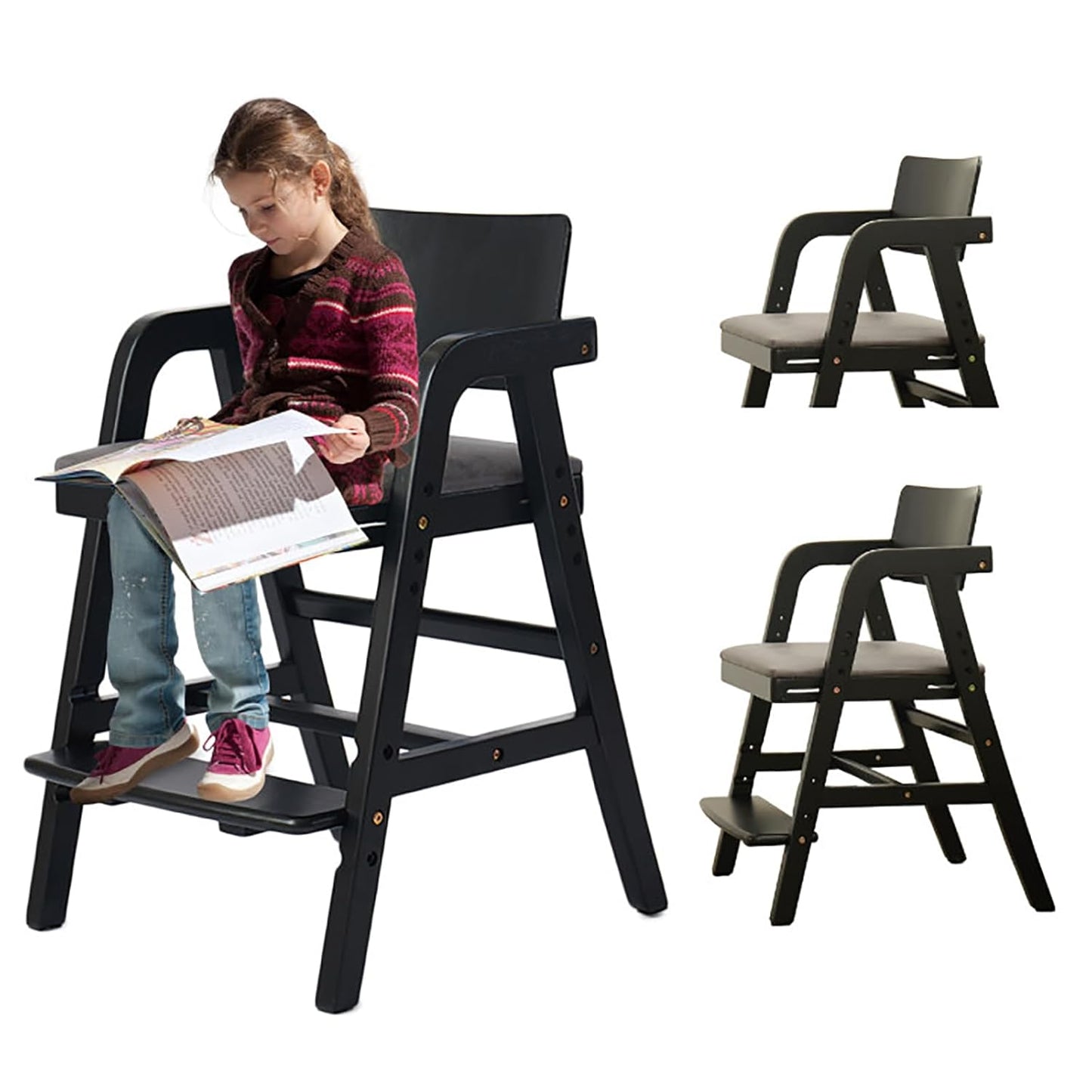 Solid Wood High Chair for Toddlers to Teens, Adjustable Height Toddler Dining Chair, Easy to Clean Toddler Highchair with Removable PU Cushion for Dining, Studying, Step Tool, Black
