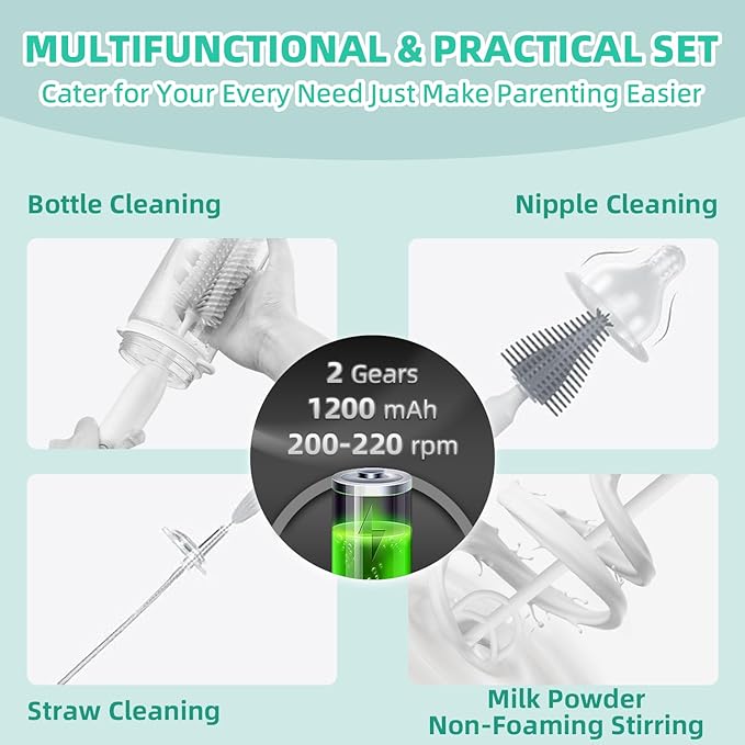 Electric Bottle Brush,Electric Baby Bottle Brush Set with Silicone Bottle/Pacifier/Straw Brush and Mixing Head, Water Bottle Cleaner Brush with Drying Rack, 2 Modes & 360° Rotation (Green)