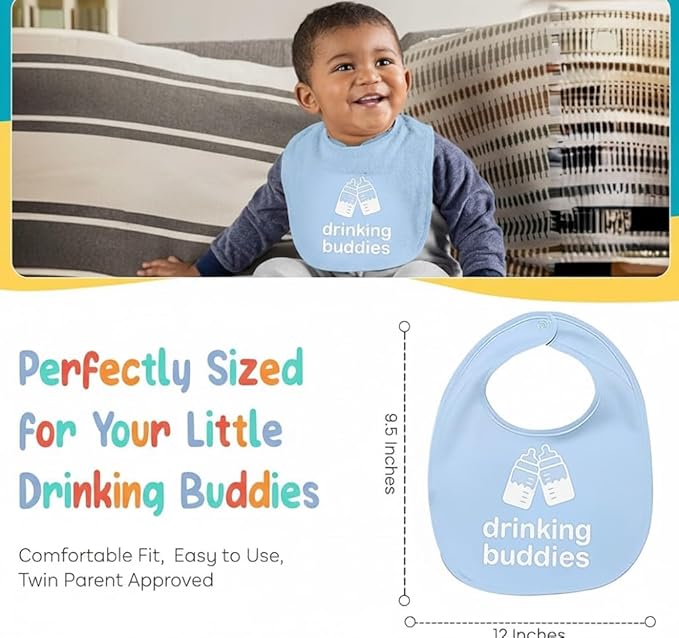 100% Cotton Drinking Buddies Twin Bibs Cute & Practical Unisex Bibs for Twins with Waterproof, Durable, for Everyday Use