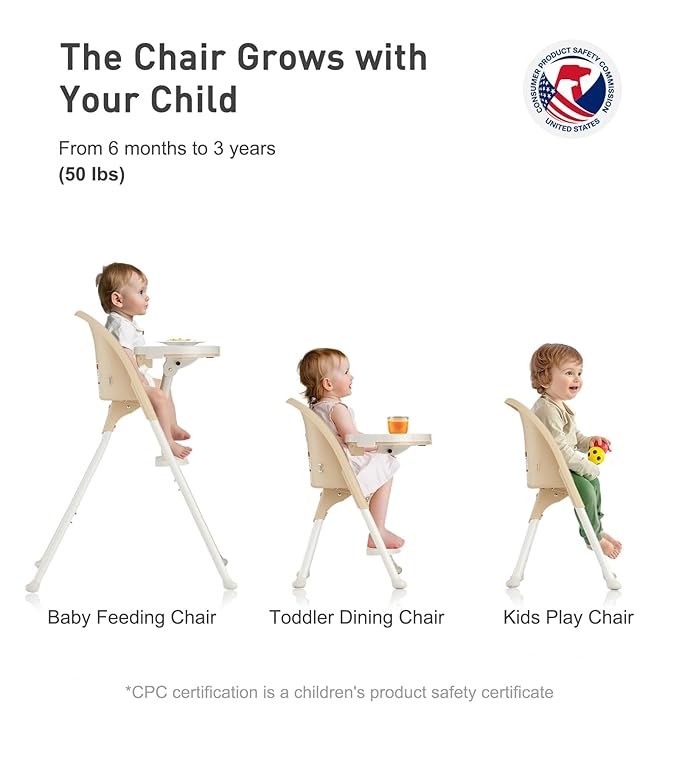 Funny Supply 3-in-1 Cute Folding High Chair, High Chairs for Babies and Toddlers, Modern Space Saving Highchair with Removable Double Tray, Easy to Clean, Light Weight Baby Feeding Chair, Cream