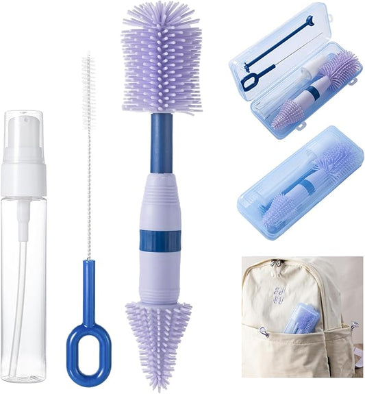Travel Bottle Brush, 6-in-1 Portable Travel Bottle Cleaner Kit with Small Bottle Brush Built in Drying Rack, Nipple Brush, Straw Brush, Soap Dispenser, for Baby Bottles Under 8 OZ, BPA-Free(Purple)