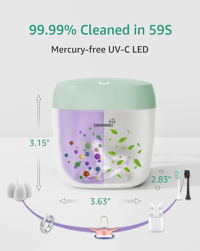 GROWNSY Pacifier Sanitizer Portable, UV Light Sanitizer on The Go, USB Charging Sanitizer Case, Mini Pacifier Sanitizer 99.99% Cleaned in 59 Seconds (Green)
