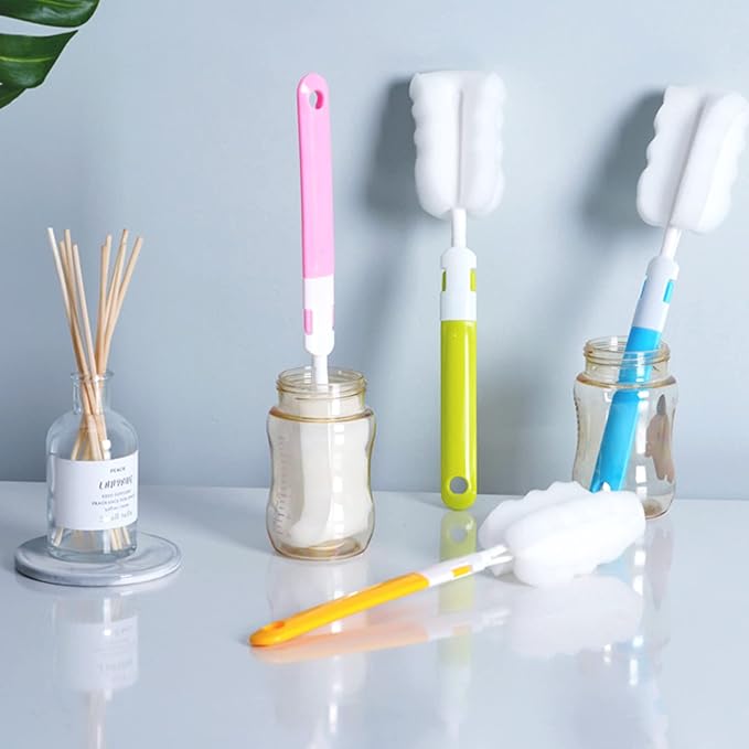 Bottle Brush Sponge Cup Brush Set with 4 Replacement Brush Head Portable Long Handle Water Bottle Cleaner Brush, for Baby Bottles Vacuum Flasks (4 Brushes + 4 Heads)