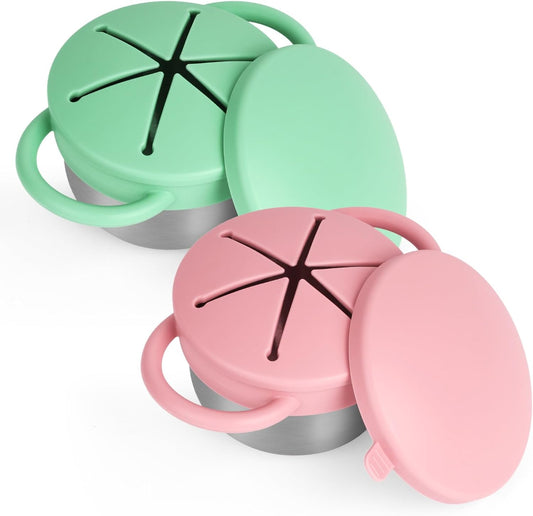 2 Pack Snack Cups for Toddlers Spill Proof - Detachable Stainless Steel Toddler Snack Cups with Silicone Lids & Handles - Dishwasher Safe Baby Snack Containers for Mess-Free Snacking (Green and Pink)