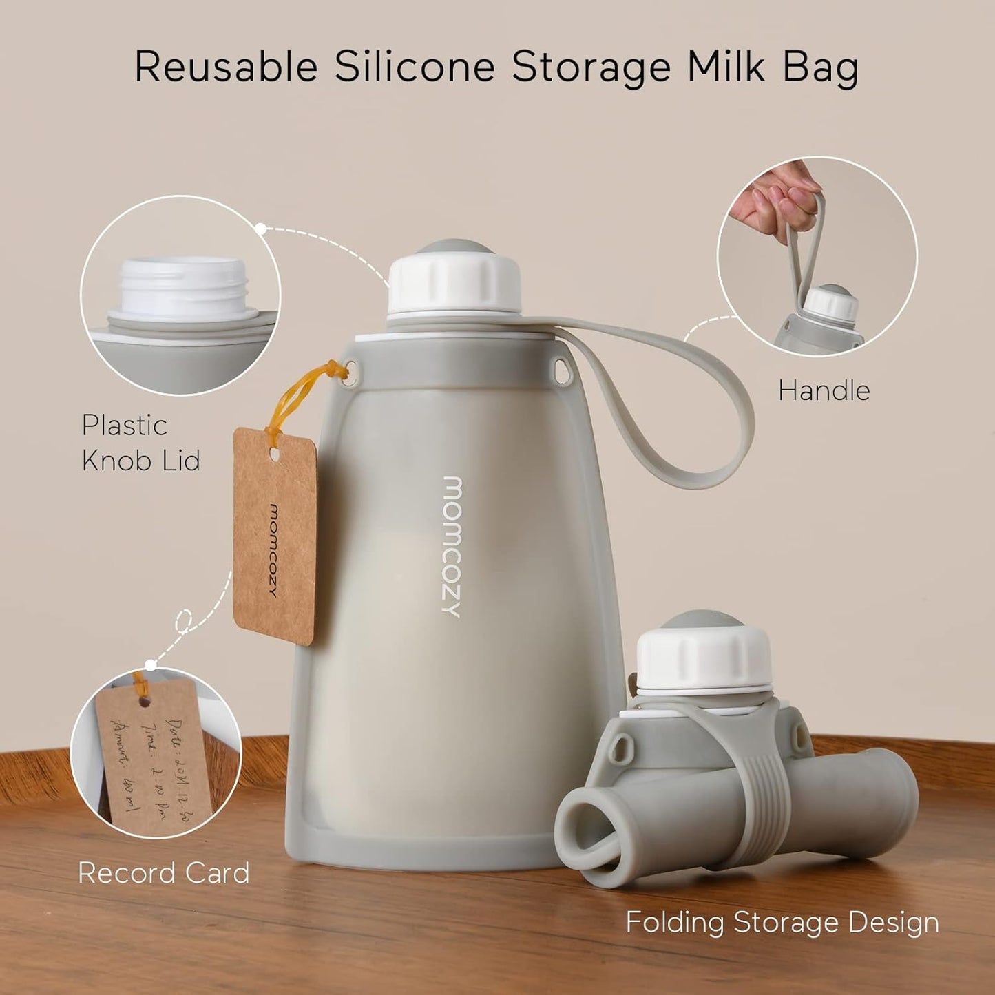 Momcozy Silicone Milk Storage Bags, Reusable Breastmilk Bags for Breastfeeding, 8.5oz/250ml Breast Milk Saver, Leakproof Milk Freezer Storing Pouches, BPA Free (Bean Paste Color, 5pcs)