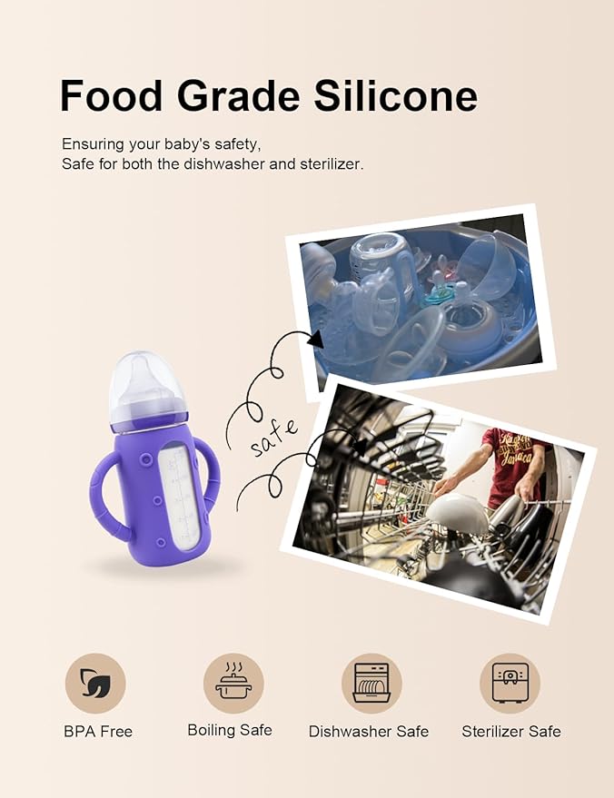 ZCH 4-Pack Silicone Sleeves with Handles for Lansinoh Glass Bottles, BPA-Free Drop-Resistant Baby Bottle Sleeves with Handles, Compatible with Lansinoh Anti-Colic Glass Baby Bottles (5 oz)