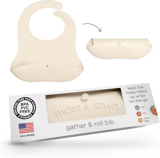 Moss and Fawn Gather & Roll Bib - Washable Waterproof Silicone Baby Feeding Bib - BPA, Lead, & PVC-Free