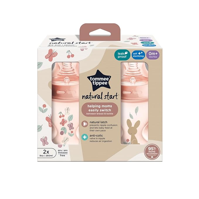 Tommee Tippee Natural Start Anti-Colic Baby Bottles - 9oz, Newborn 0+, Slow Flow, Pink (Pack of 12)