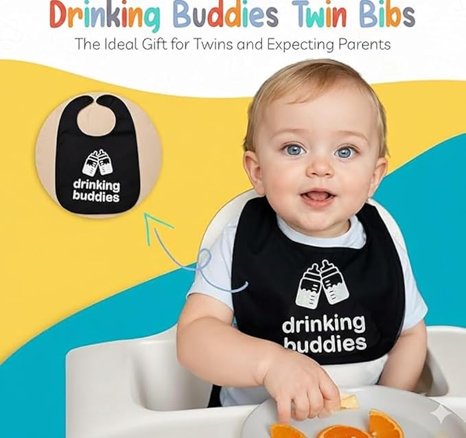 100% Cotton Drinking Buddies Twin Bibs Cute & Practical Unisex Bibs for Twins with Waterproof, Durable, for Everyday Use