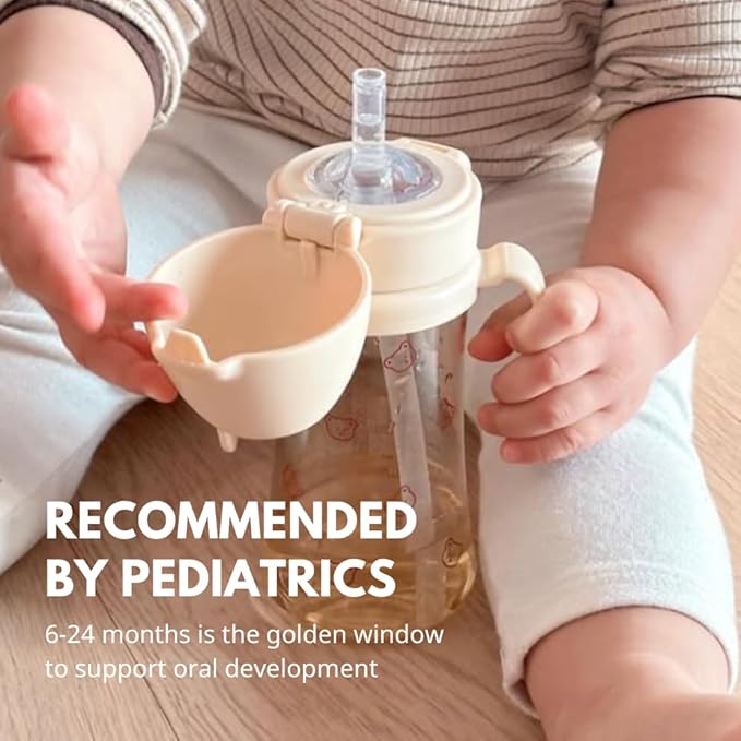 GROSMIMI Flip Top Spill Proof Sippy Cup, PPSU, BPA Free, 10 oz, Stage 2 Straw for Toddlers (Bear)