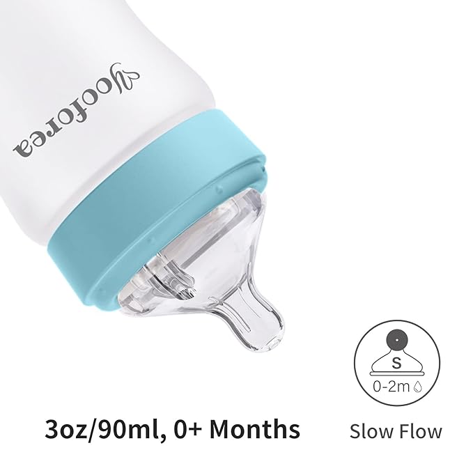 Yooforea Silicone Coated Glass Baby Bottle, 0M+ Slow Flow Nipple I Anti-Colic, Wide Neck, Stable Base I Medical-Grade Silicone Coating for Shatter Protection, BPA BPS PVC Free (2 Pack, 3 Ounce-Fog)