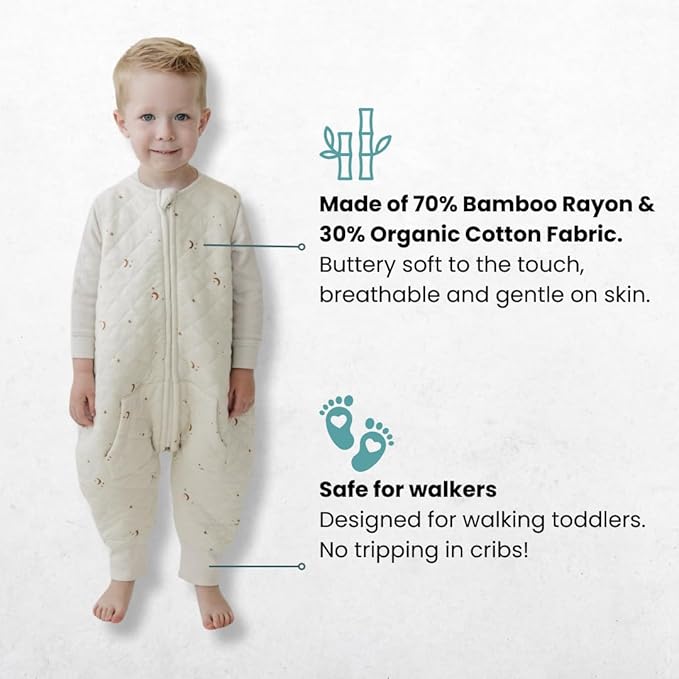Tealbee Dreamsuit Toddler Sleep Sack with Feet – Walker Sleep Bag with Legs, Rayon made from Bamboo, All Season 1.2 TOG, 2-Way Zipper, 2T-3T - Moons&Stars
