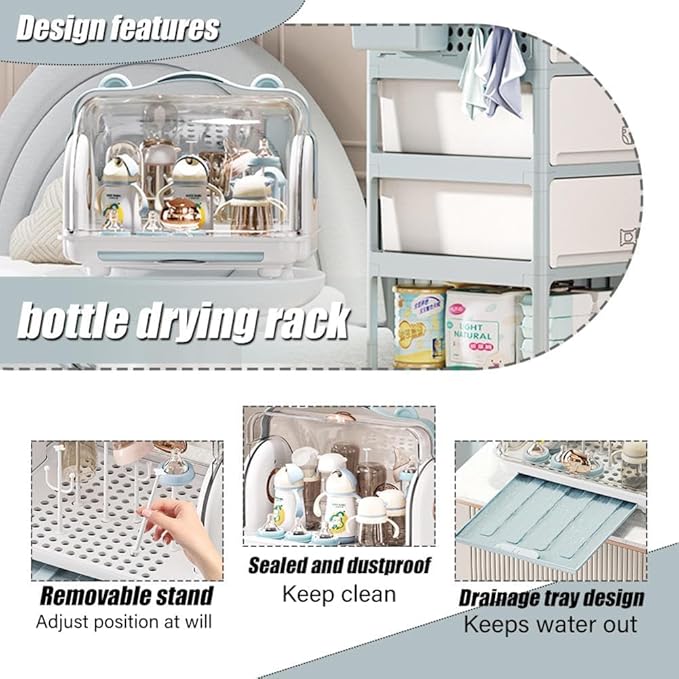 Transparent Baby Bottle Drying Rack with Double Lid and Removable Drain Tray Dust-Proof Baby Bottle Storage Box, Space Saving Baby Bottle Rack Dryer (Blue - Large)