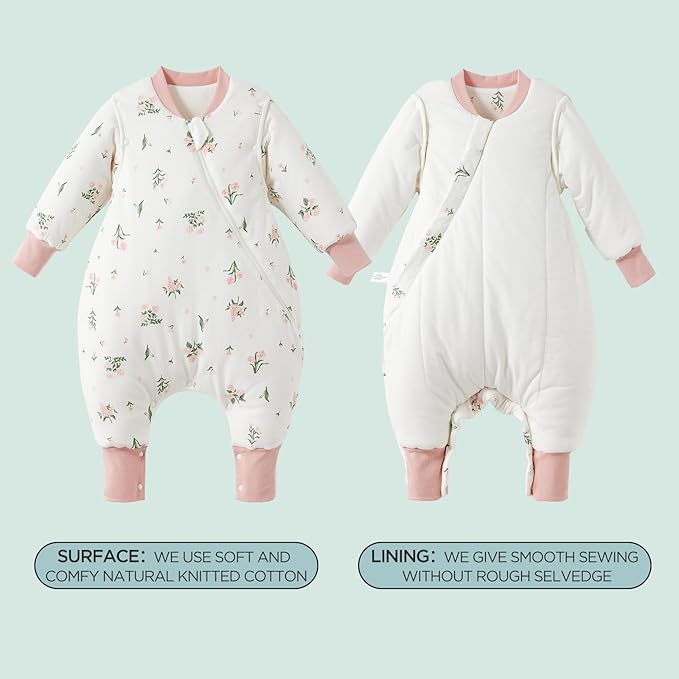 Duomiaomiao 3.5 TOG Toddler Sleep Sack 2-3T 100% Cotton Winter Side Open Zipper Baby Sleep Sack with Feet, Warm Toddler Wearable Blanket