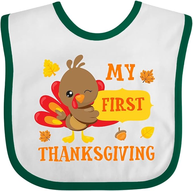 inktastic My First Thanksgiving with Turkey and Leaves Baby Bib