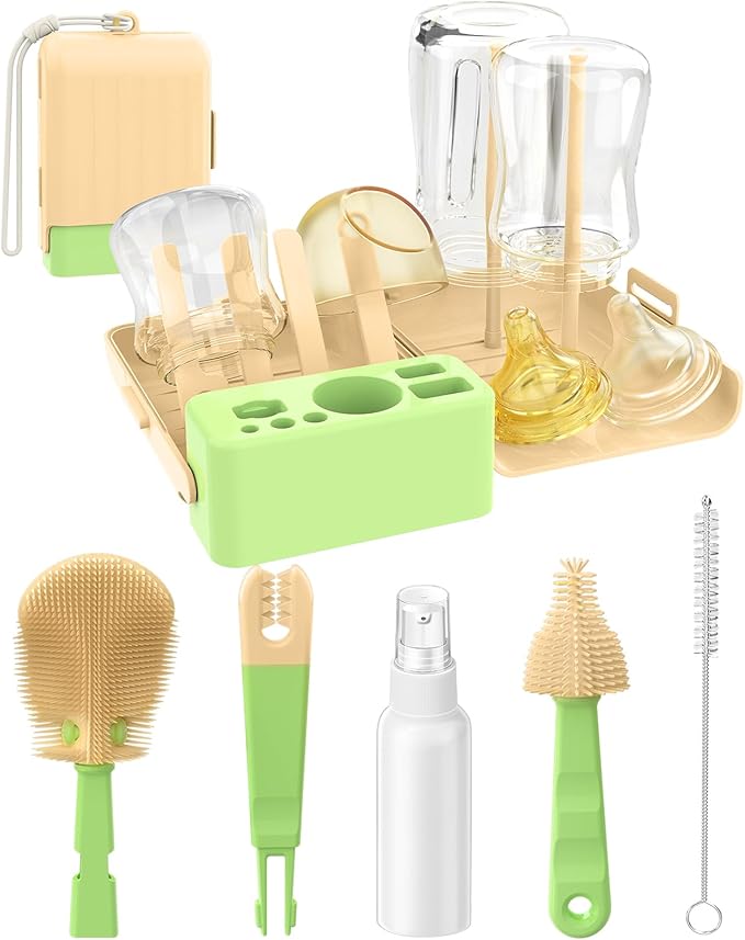 7 in 1 Baby Bottle Brush Set, BPA-Free Travel Bottle Cleaner Kit with U-Shaped Silicone/Nipple/Straw Brush, Portable Drying Rack, Soap Dispenser & Storage Box - Baby Travel & Home Essential