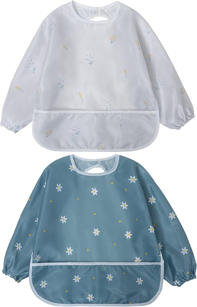 Little Dimsum Baby Bib with Pocket Waterproof Toddler Bibs Infant Feeding Bibs for Boys and Girls, Pack of 2 Colors