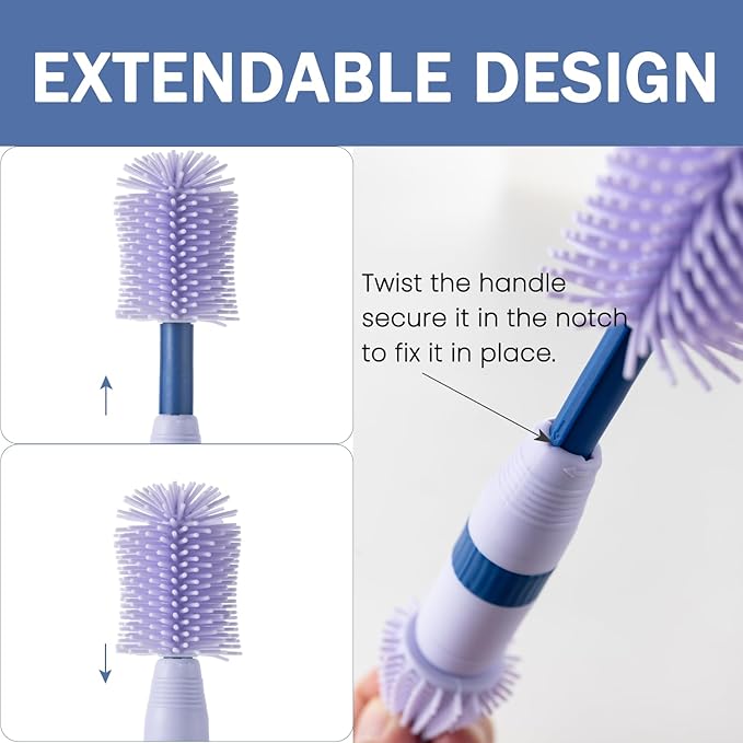 Travel Bottle Brush, 6-in-1 Portable Travel Bottle Cleaner Kit with Small Bottle Brush Built in Drying Rack, Nipple Brush, Straw Brush, Soap Dispenser, for Baby Bottles Under 8 OZ, BPA-Free(Purple)