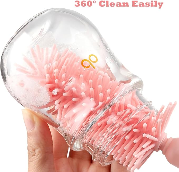 6 In1 Baby Bottle Brush Kit,Portable Silicone Bottle Brush Cleaner Set with Straw Brush,Nipple Brush,Drying Rack,Soap Dispenser,Storage Bag for Travel or Home (Pink)