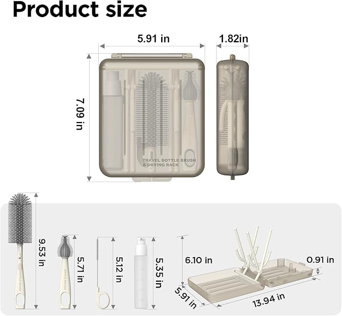 YOTIME Travel Bottle Brush Set, Auto-Open Rack & Vertical Brushs Drying Slots, 3 Brushes, Foldable Drying Rack, Dispenser, Travel Baby Essentials for On-The-Go Parents, Coffee