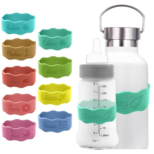 Personalized Baby Bottle Labels for Daycare Custom Water Bottle Name Bands Customized Engraved Silicone Baby Reusable Bottle Straps Labels for Cups School-Turquoise