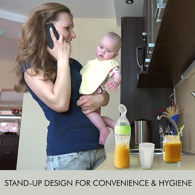 Matyz Silicone Baby Food Dispensing Spoon (Green, 4oz / 120ml) Squeeze Feeder with Spoon - Spoon Bottle for Baby - Baby Spoon Feeder Bottle Baby Solid Food Feeder - Ideal for 4 Months+ Babies