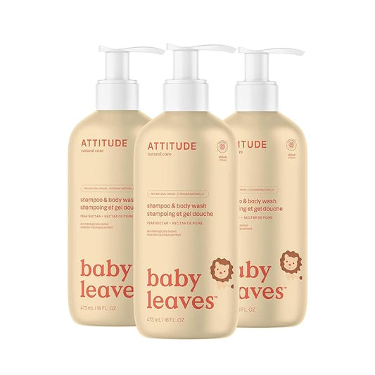 ATTITUDE 2-in-1 Shampoo and Body Wash for Baby, EWG Verified, Dermatologically Tested, Vegan, Pear Nectar, 16 Fl Oz (Pack of 3)