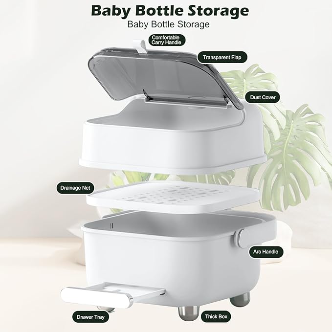 Baby Bottle Organizer for Storage, Large Capacity Baby Bottle Storage with Lid Cover Anti-Dust Protection and Cutlery Storage Drying Rack Bottle Organizer(Light Blue)