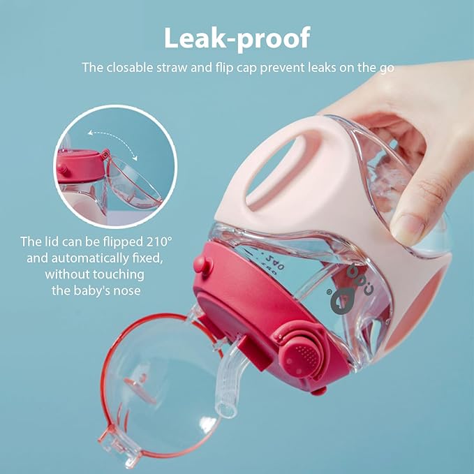 Baby Straw Water Bottle with Handles and Strap, Portable Travel Toddler Cup for School,11 Ounce(Pink)