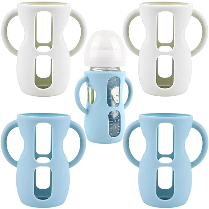 4 Pack Silicone Sleeves for Avent Natural Glass Baby Bottles, Silicone and Easy-Grip Handles for Drop Protection, Compatible with Philips Avent 4/8 OZ Glass Bottle (2 White+2 Blue, 8 OZ)
