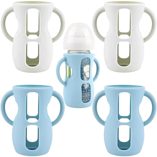 4 Pack Silicone Sleeves for Avent Natural Glass Baby Bottles, Silicone and Easy-Grip Handles for Drop Protection, Compatible with Philips Avent 4/8 OZ Glass Bottle (2 White+2 Blue, 8 OZ)