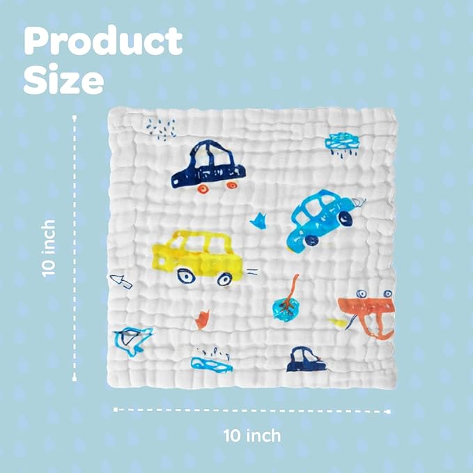 Car Pattern Baby Washcloths Pack of 7 - Absorbent Cotton Bath and Face Towels, Soft Face Cloths for Newborn, Burp Cloths,Sweating Towels for Babies and Infants - 10 x 10
