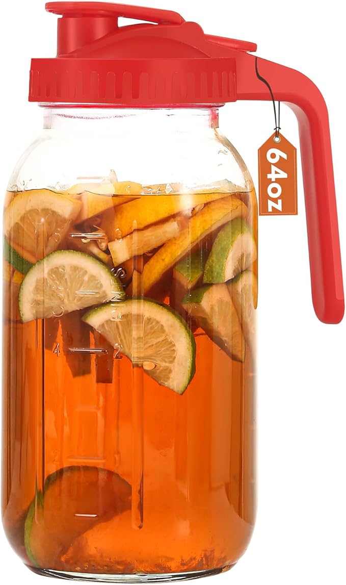 Glass Pitcher with Lid, 64 OZ Mason Jar Pitcher Double Leak Proof, 2 Quart Breast Milk Storage Containers for Fridge, Wide Mouth Glass Jar for Sun Tea, Juice, Cold Brew Coffee