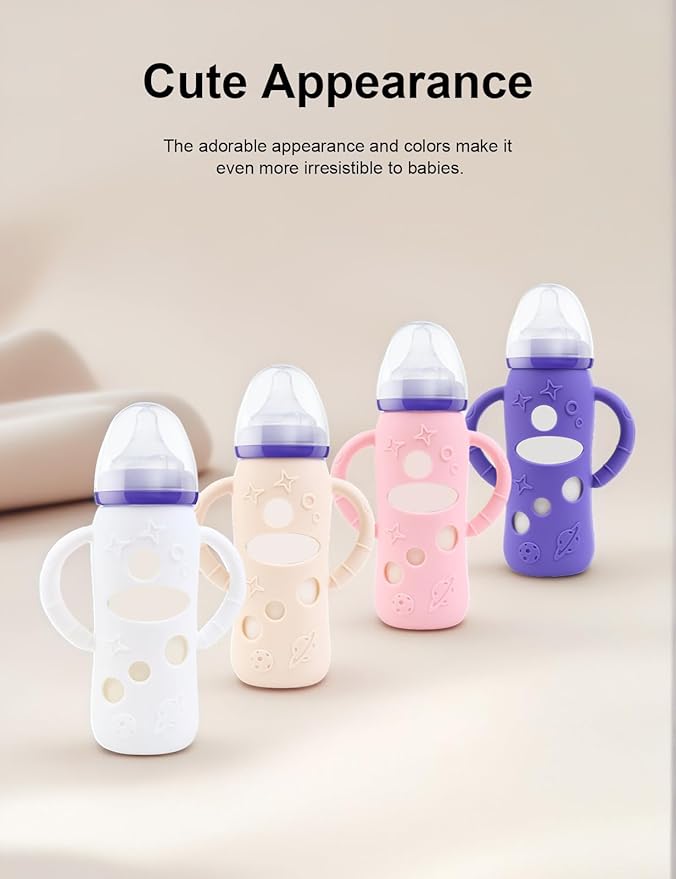 ZCH 4-Pack Silicone Sleeves for Lansinoh Glass Bottles, BPA-Free Drop-Resistant Baby Bottle Sleeves with Handles, Compatible with Lansinoh Anti-Colic Glass Baby Bottles (8 oz)