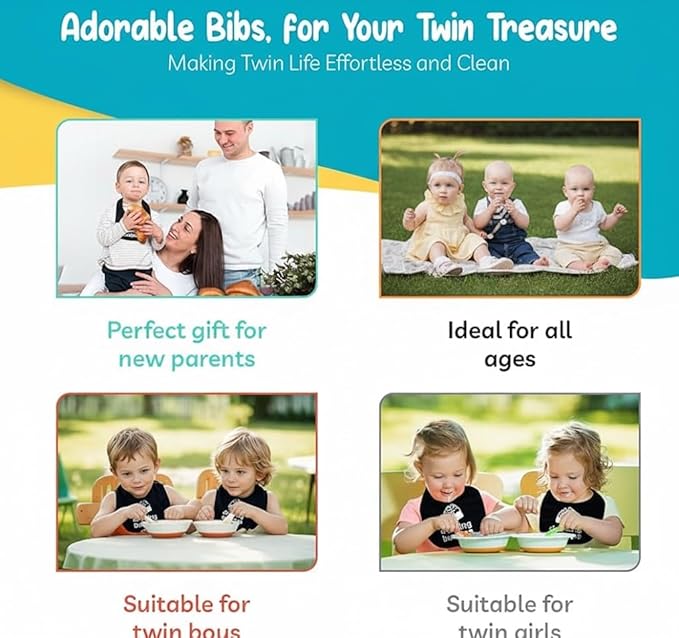 100% Cotton Drinking Buddies Twin Bibs Cute & Practical Unisex Bibs for Twins with Waterproof, Durable, for Everyday Use