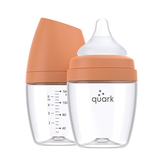 BuubiBottle Mini Slow Flow Bottle for Newborn Babies by Quark - with Anti-Colic RealFeel Nipple to Simulate Breastfeeding - BPA-Free, PVC-Free, Toxin-Free - 5 Oz Bottle with Lid, 2 Pack - Orange