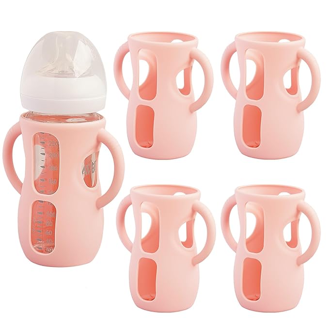 4 Pack Silicone Sleeves for Avent Natural Glass Baby Bottles, Anti Breakage Bottle Holder, Compatible with Philips Avent Glass Natural Baby Bottles (4 Pink, 8 OZ)