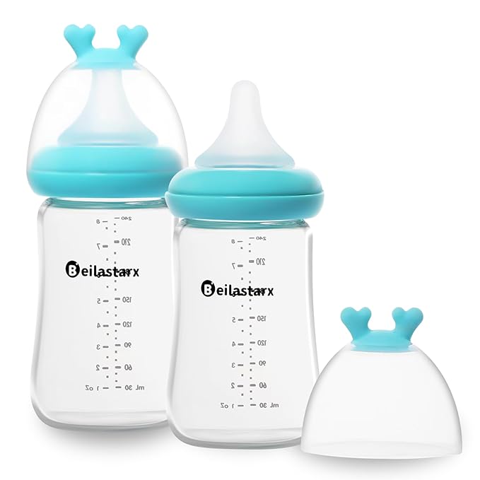 Glass Baby Bottles with Natural Response Nipple Size M - Anti Colic Baby Bottles Wide Neck Slow Flow Baby Bottle(Blue, 8oz (Pack of 2))