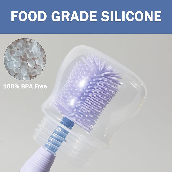 Travel Bottle Brush, 6-in-1 Portable Travel Bottle Cleaner Kit with Small Bottle Brush Built in Drying Rack, Nipple Brush, Straw Brush, Soap Dispenser, for Baby Bottles Under 8 OZ, BPA-Free(Purple)