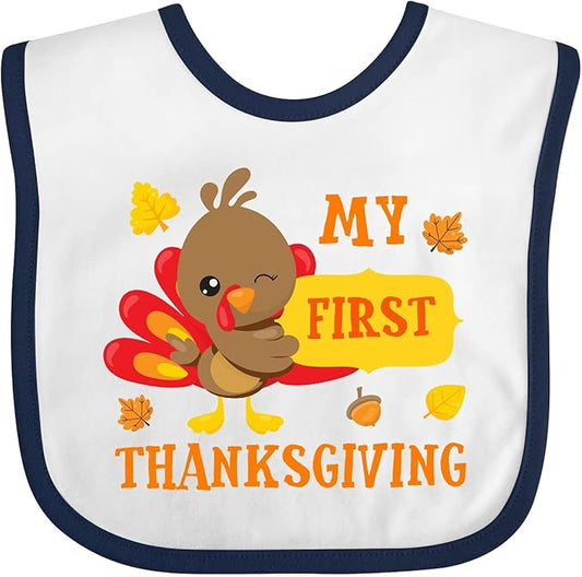 inktastic My First Thanksgiving with Turkey and Leaves Baby Bib