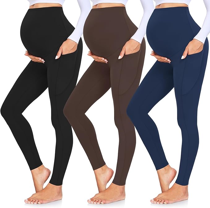 GROTEEN 3 Pack Women's Maternity Leggings with Pockets Over The Belly Workout Yoga Pregnancy Pants