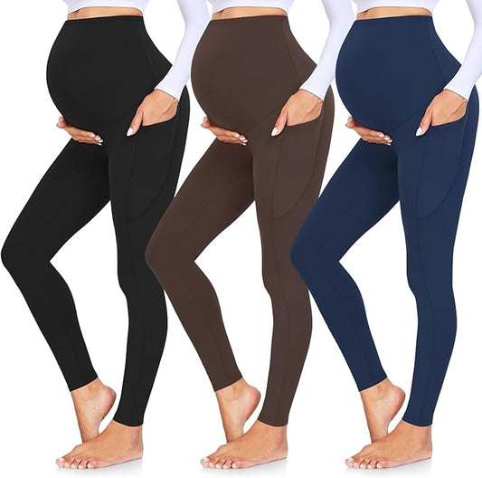 GROTEEN 3 Pack Women's Maternity Leggings with Pockets Over The Belly Workout Yoga Pregnancy Pants
