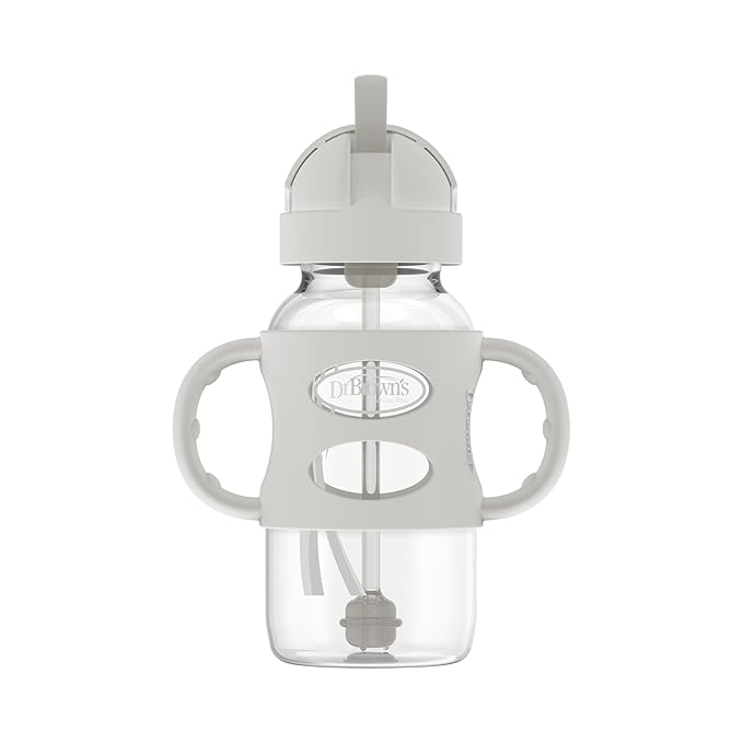 Dr. Brown's Milestones Wide-Neck Sippy Straw Bottle with 100% Silicone Handles and Weighted Straw, 9 oz/270 mL, Gray, 6m+