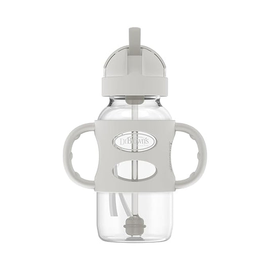 Dr. Brown's Milestones Wide-Neck Sippy Straw Bottle with 100% Silicone Handles and Weighted Straw, 9 oz/270 mL, Gray, 6m+
