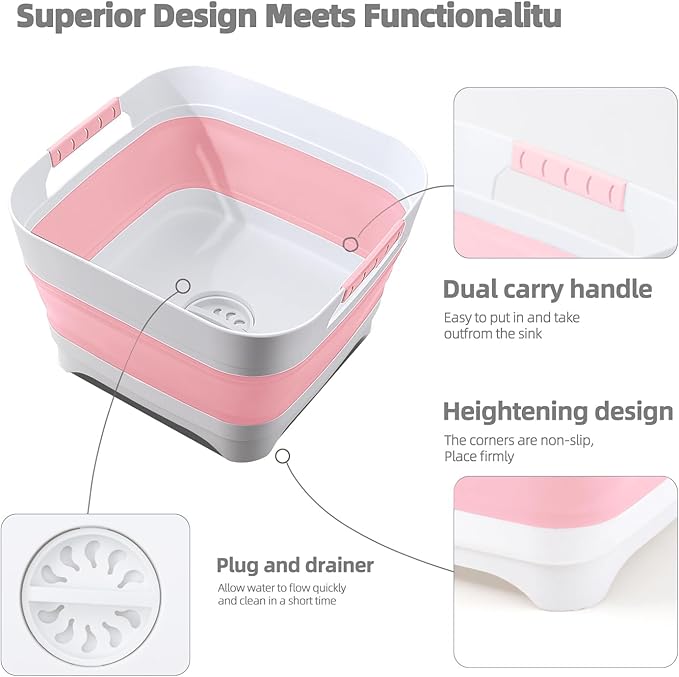 Collapsible Wash Basin for Baby Bottles - 2.4 Gallons Portable Wash Bin for RV Camping Sink, Space-Saving Dish Tub.Laundry & Utility Room Sinks (Pink)
