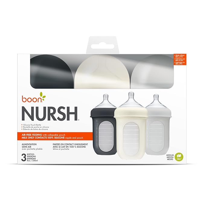 Boon Nursh Reusable Silicone Pouch Baby Bottles - Medium Flow Nipple - Silicone Baby Bottle Pouch and Nipple - Baby Feeding Essentials - Gray - 3-6 Months - 3 Count - 8 Ounce