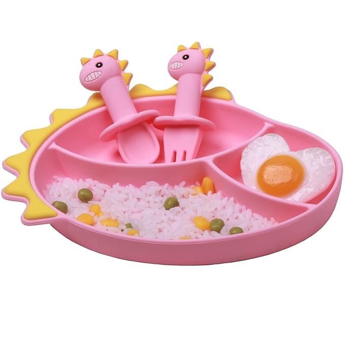 Silicone Suction Plates for Baby Toddler with Spoon Fork set Divided Dinosaurs Plates Self Feeding Training Baby Dinner Plate-Pink Dinosaurs Plate Set